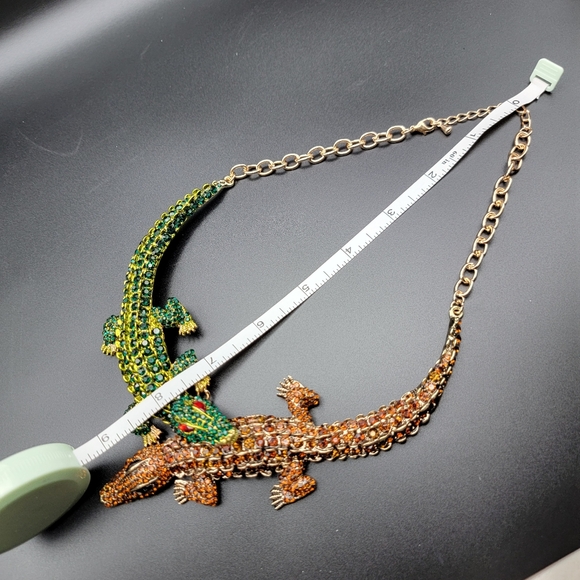 NOS Crystal Alligator Statement Necklace Green & Amber Rhinestone Crocodile Bib - Picture 12 of 15